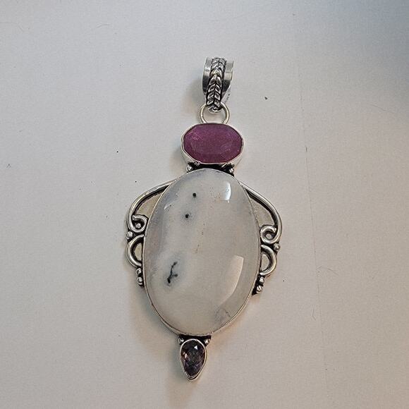 Necklace Pendants Dendritic Opal Ruby Amethyst Handmade Jewelry Sterling Silver - Picture 2 of 10